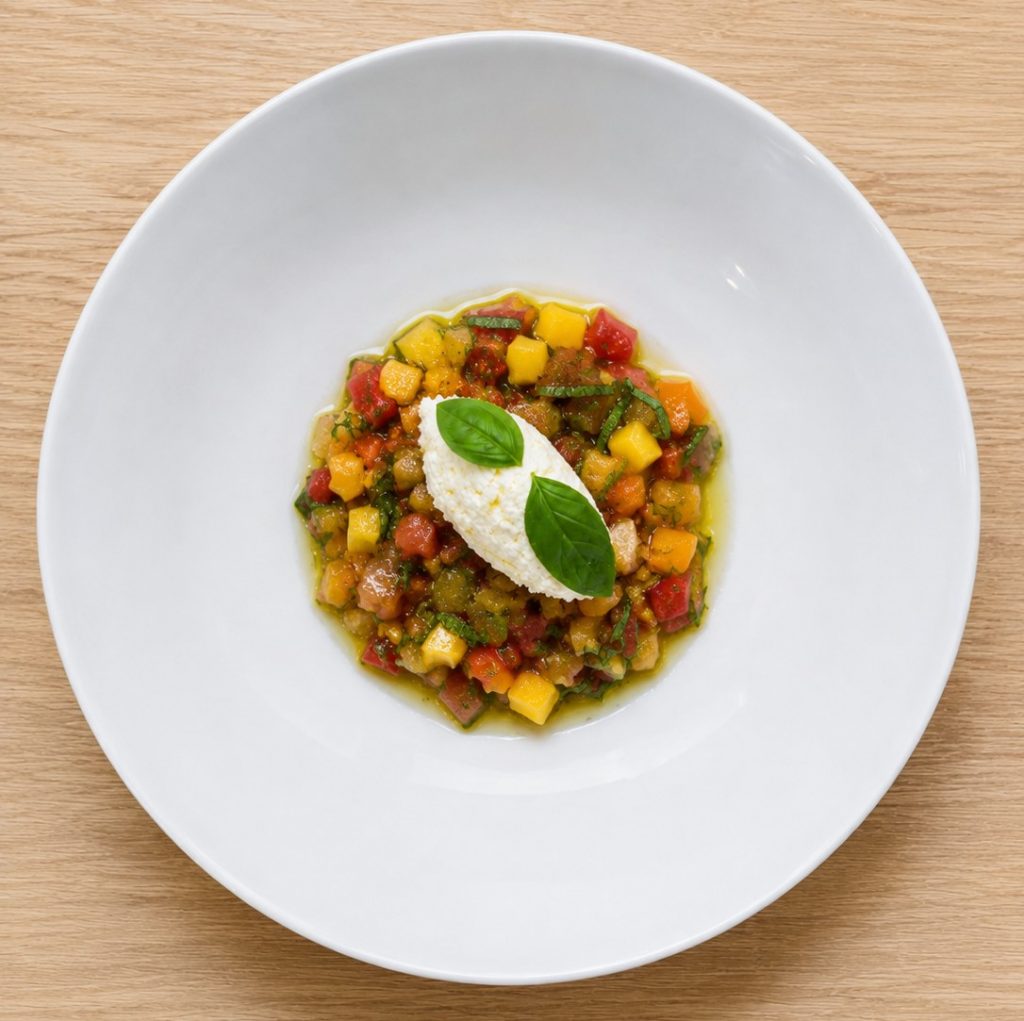 tartare de tomates anciennes - ricotta - basilic