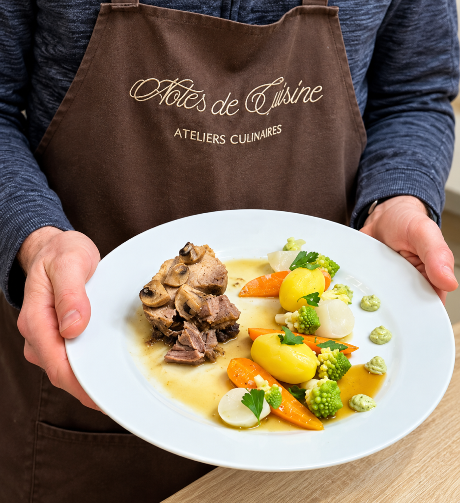 Echine confite et légumes vapeur condiment persil et miso - Cours de Cuisine